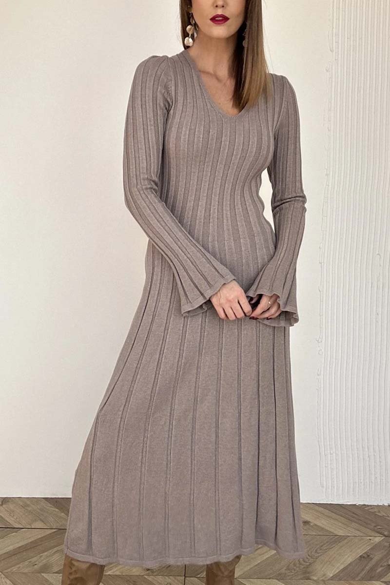 Women's simple solid color thick striped knitted dress Light Brown