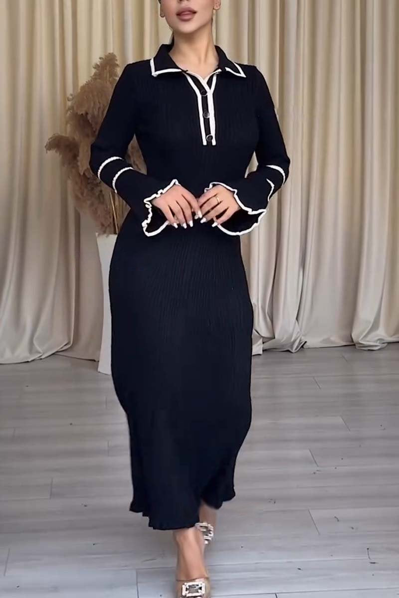 Women's Elegant Slim Contrast Bell Sleeve Knitted Dress