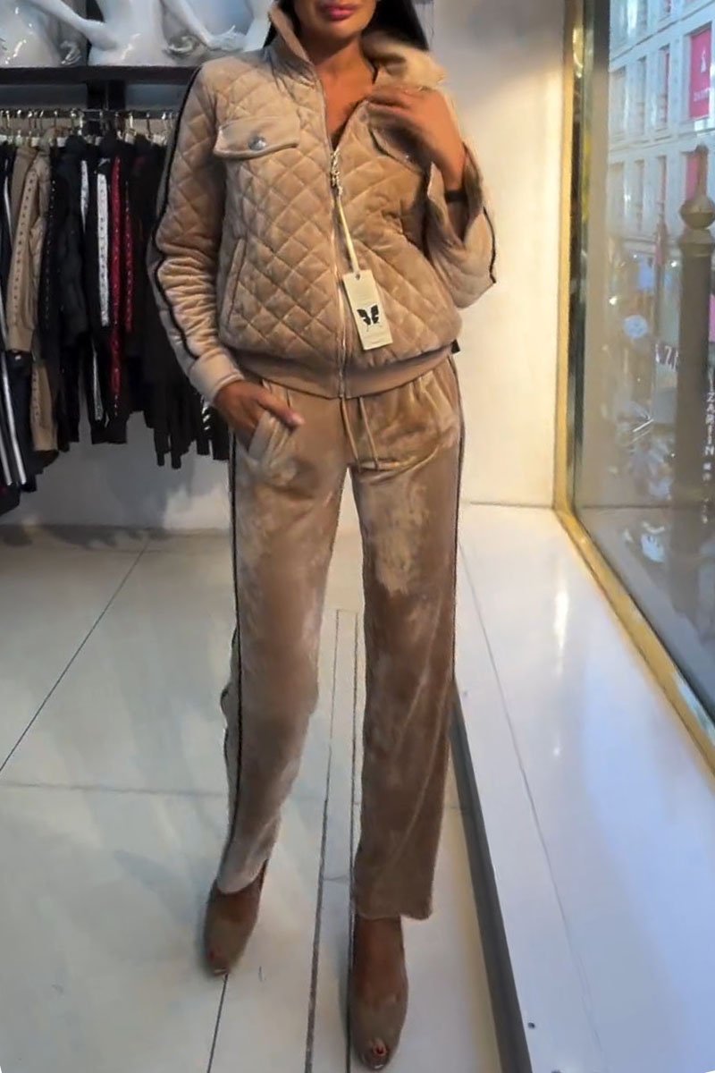 Women's Lapel Solid Color Cotton Coat and Trousers Two-piece Set khaki