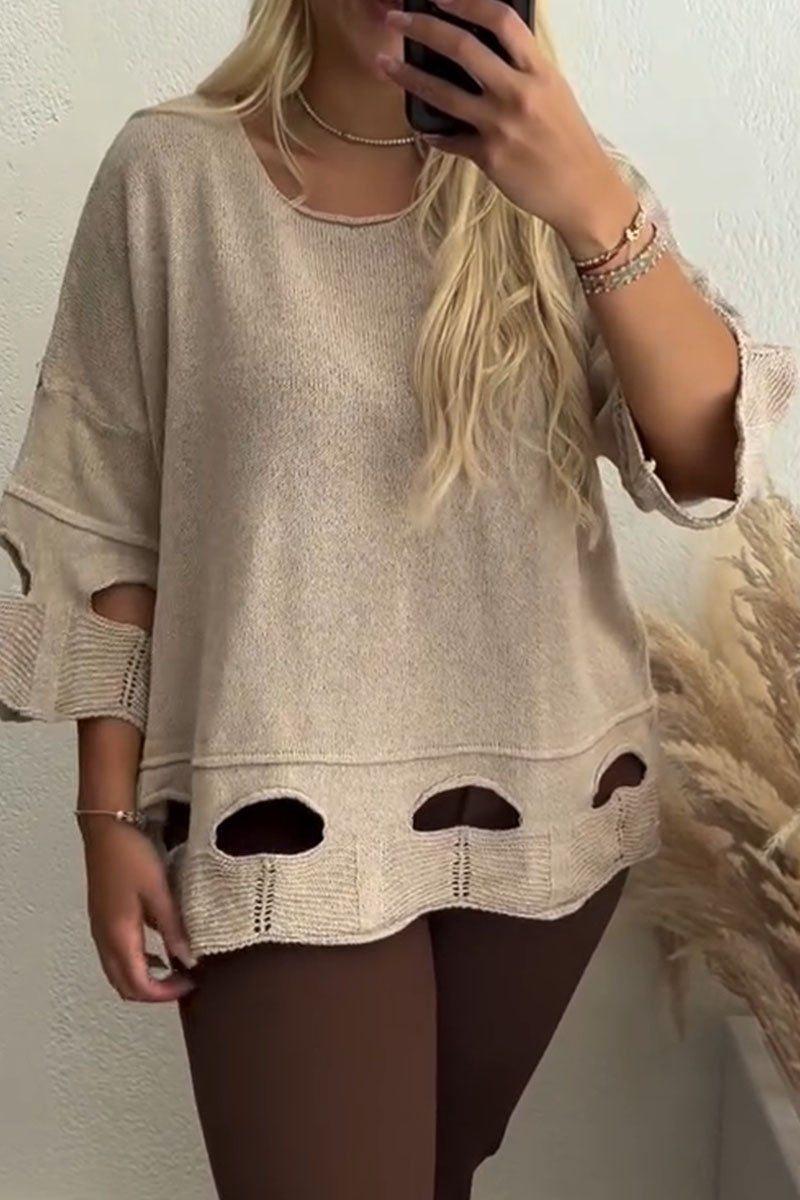 Women's Casual Solid Color Hollow Knitted Sweater