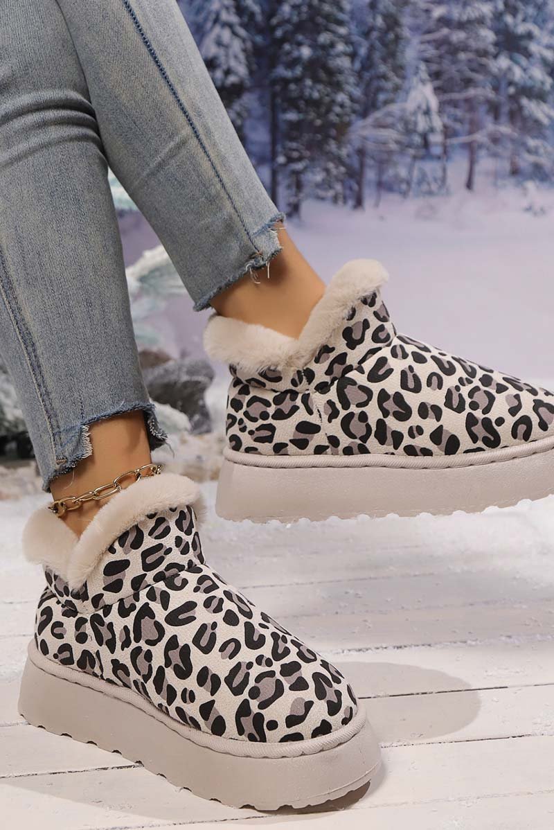 Women's thickened velvet round toe thick sole leopard print snow boots Off White