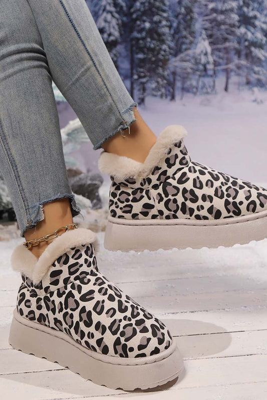 Women's thickened velvet round toe thick sole leopard print snow boots Off White