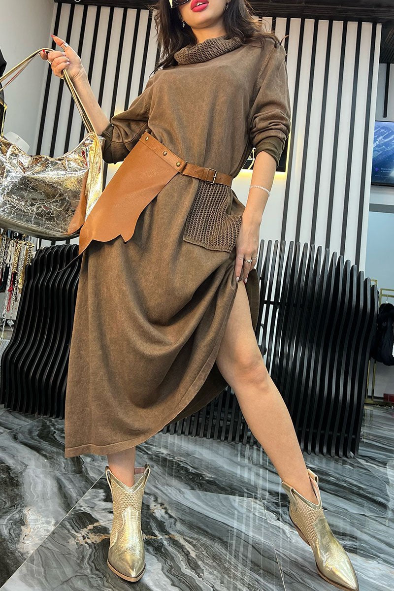 Women's Turtleneck Long Sleeve Patchwork Dress khaki