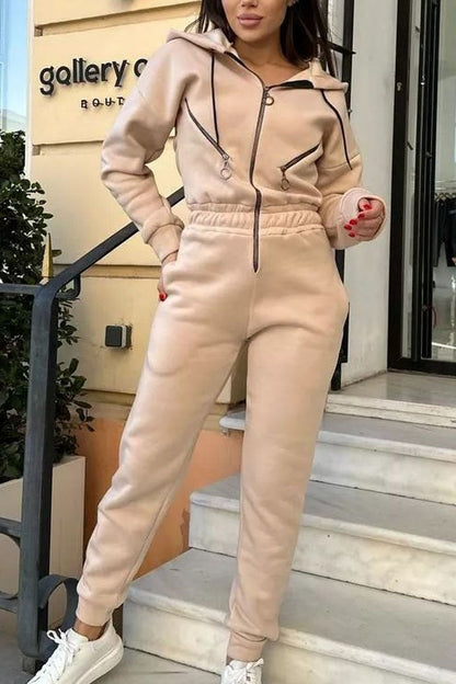 Solid Color Zipper Long Sleeve Jumpsuit