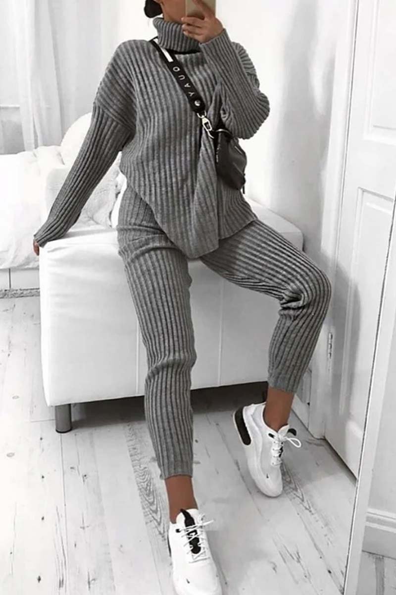 Women's casual solid color turtleneck knitted suit