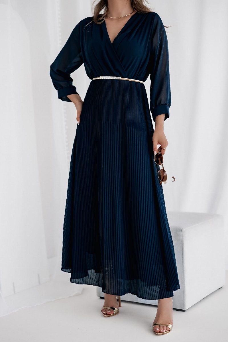 Women's Elegant V-neck Long Sleeve Chiffon Dress dark blue