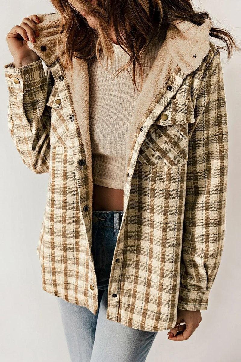 Plush Plaid Long Sleeve Jacket khaki