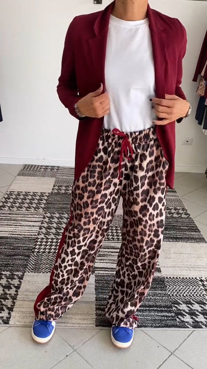 Women's Solid Color Suit Jacket Leopard Pant Suit red