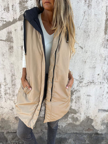 Hooded Zipper Sleeveless Down Jacket Apricot