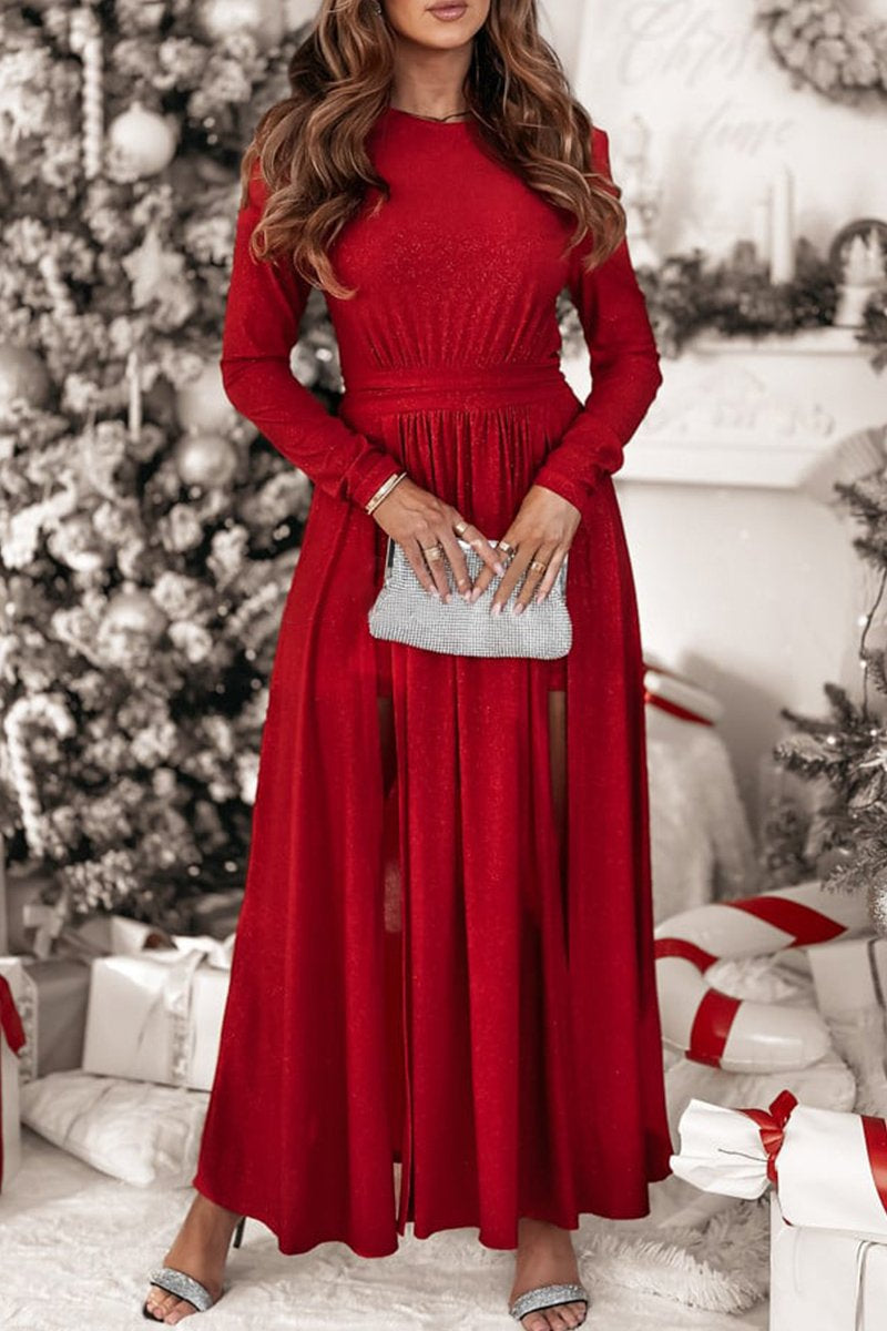 Women's Round Neck Long Sleeve Slit Dress