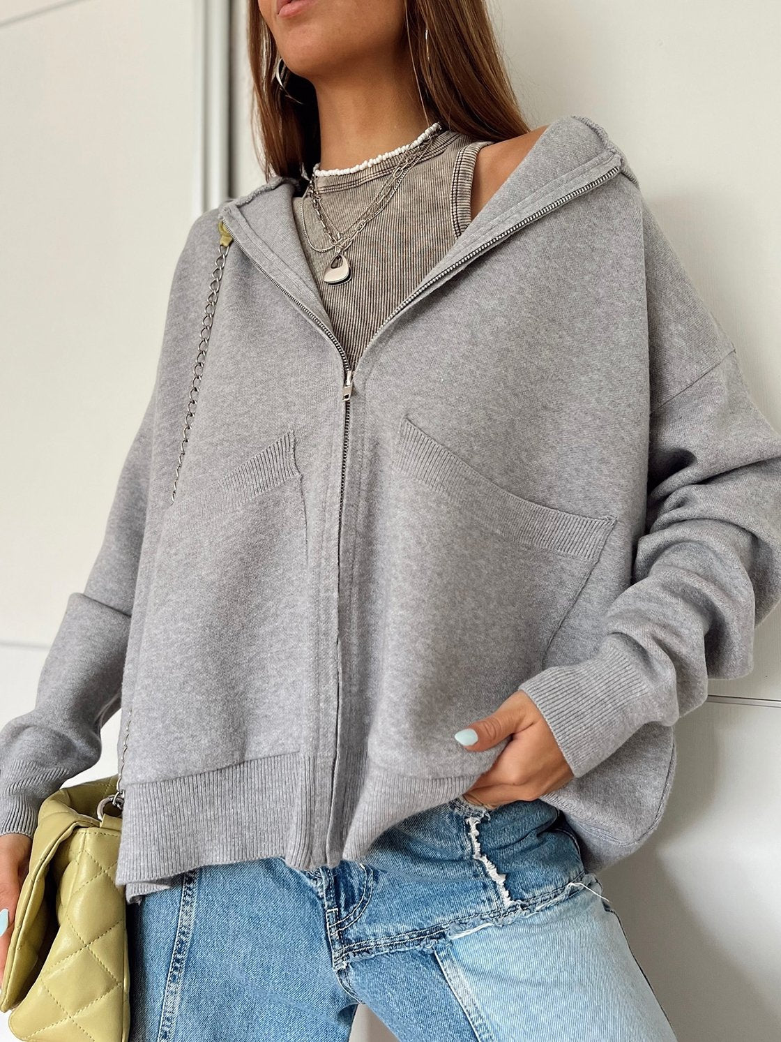 Women's Casual Hooded Sweatshirt Jacket Grey