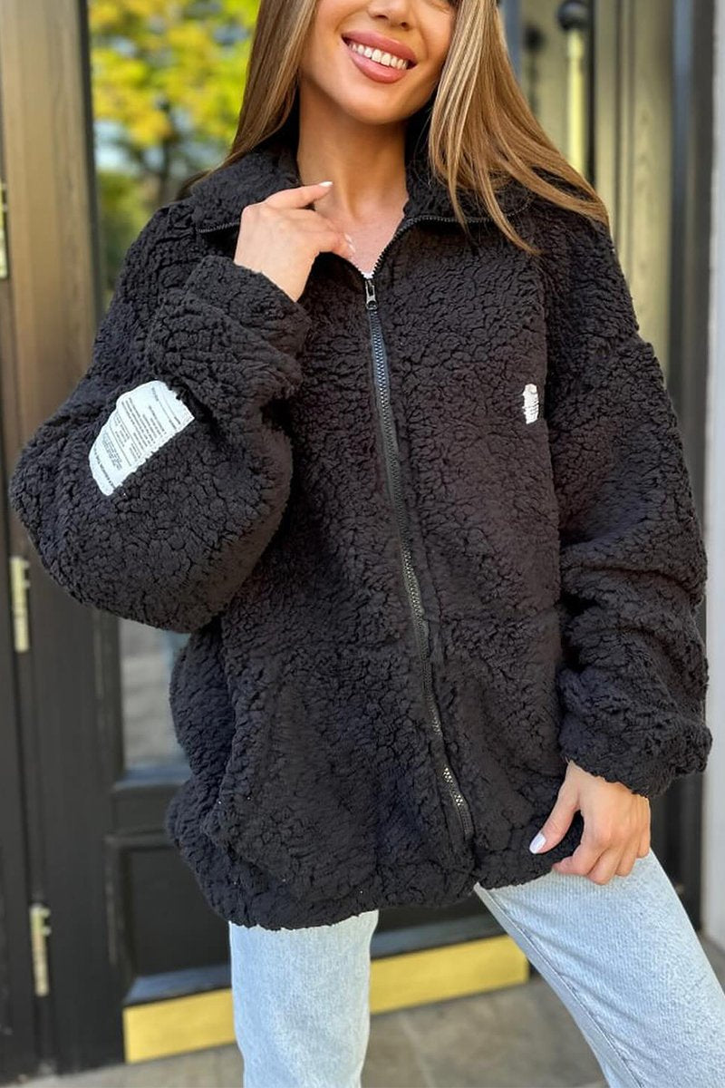 Women's Casual Lapel Lamb Wool Coat black