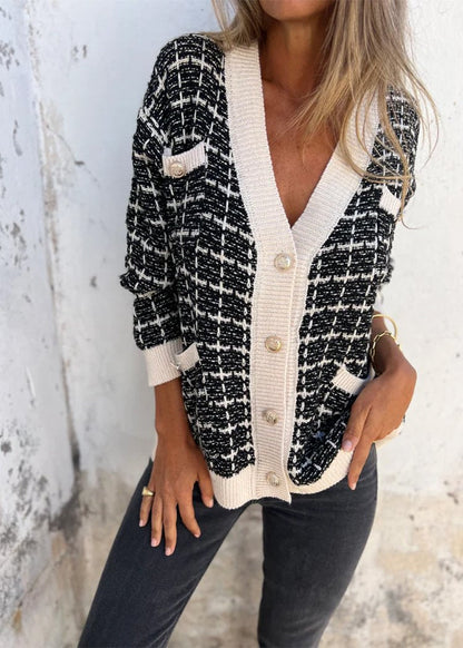 V-neck Single-breasted Plaid Cardigan Jacket white