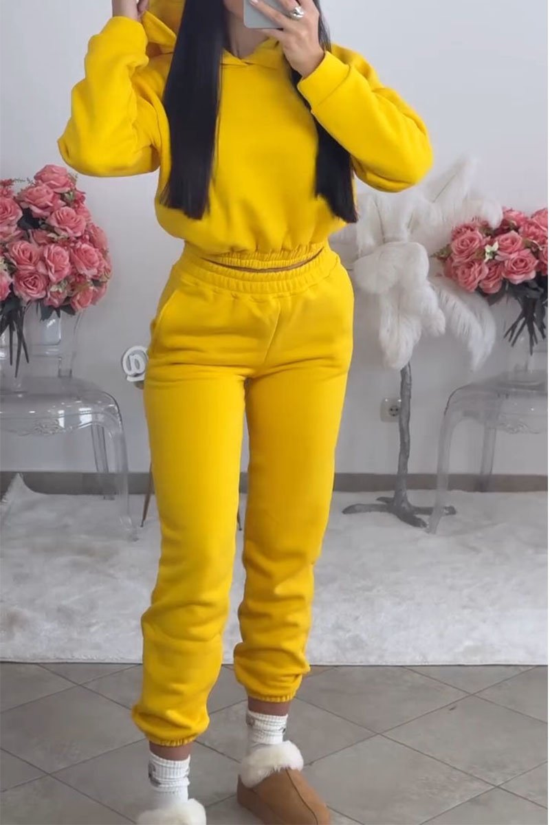 Women's Long Sleeve Hoodies Two Piece Set yellow