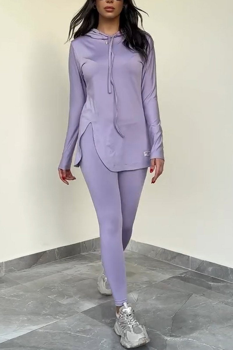 Women's Casual Hooded Solid Color Sports Two-piece Suit purple