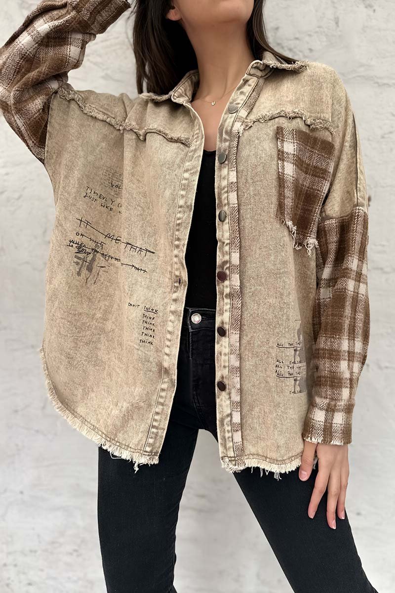 Women's casual plaid patchwork denim jacket