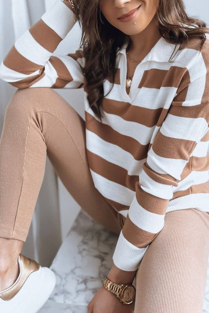 Women's V-neck Striped Top and Pants Two-piece Set