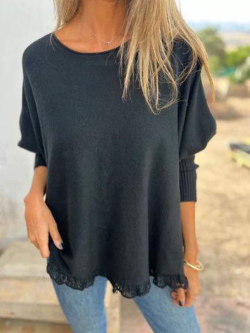 Casual Round Neck Lace Top black