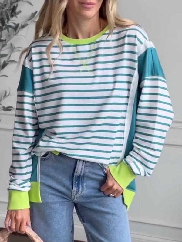 Women's Crew Neck Striped Contrast Top green and cyan