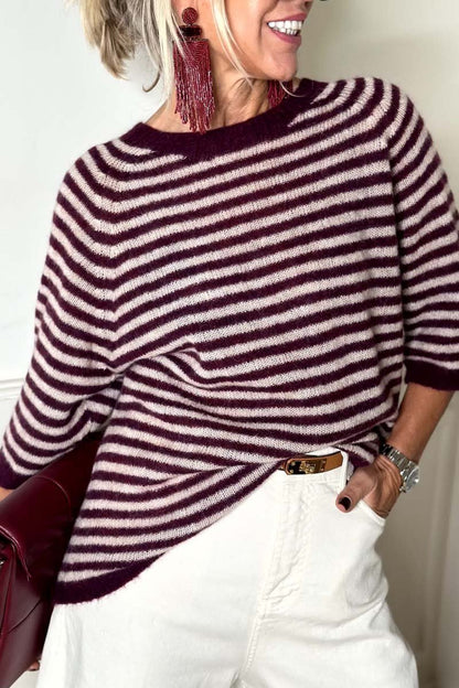 Women's Casual Loose Striped Half Sleeve Sweater Wine Red