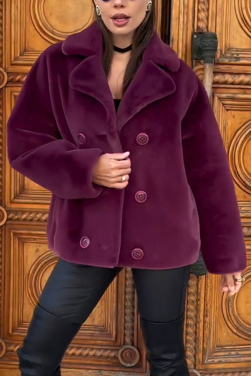 Women's Casual Lapel Plush Coat wine red