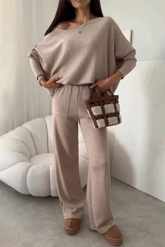 Women's Off-shoulder Long-sleeved Sweatshirt Two-piece Set beige