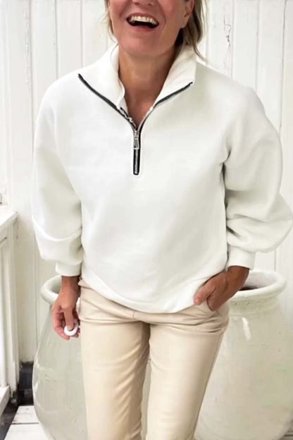 Women's Casual Half Zip Long Sleeve Crew Neck Pullover Sweatshirt White