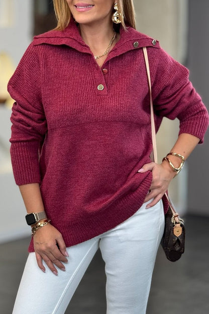 Women's Casual Solid Button-Neck Sweater burgundy