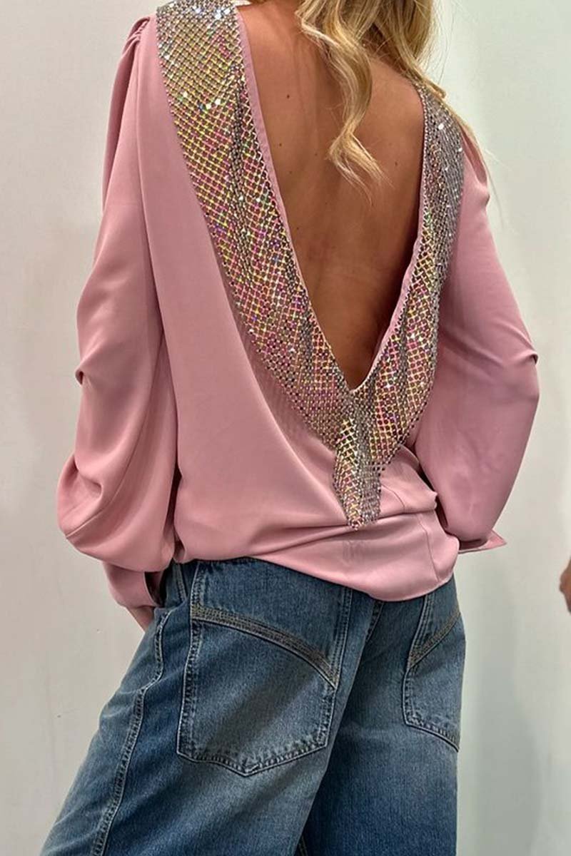 Women's Stylish Diamond Embellished Backless V-Neck Top Pink