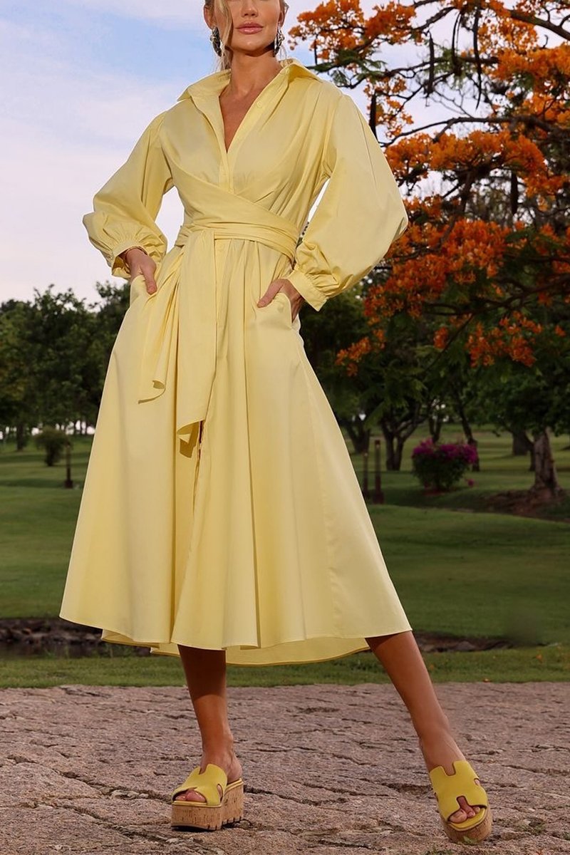 Women's Casual Lapel Single-breasted Long-sleeved Dress yellow