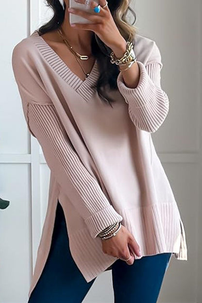 Women's V-neck Slit Knit Blouse pink