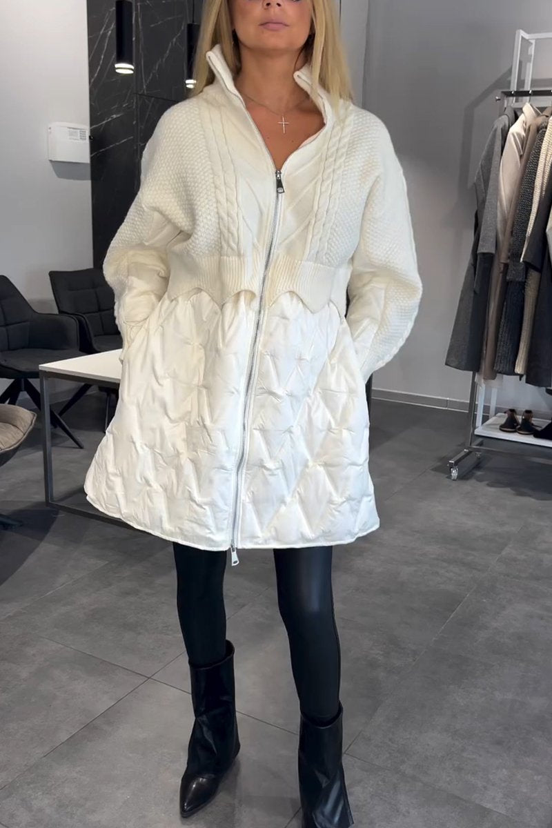 Women's Stand Collar Knitted Patchwork Coat white