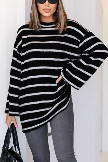 Women's Casual Round Neck Striped T-shirt black