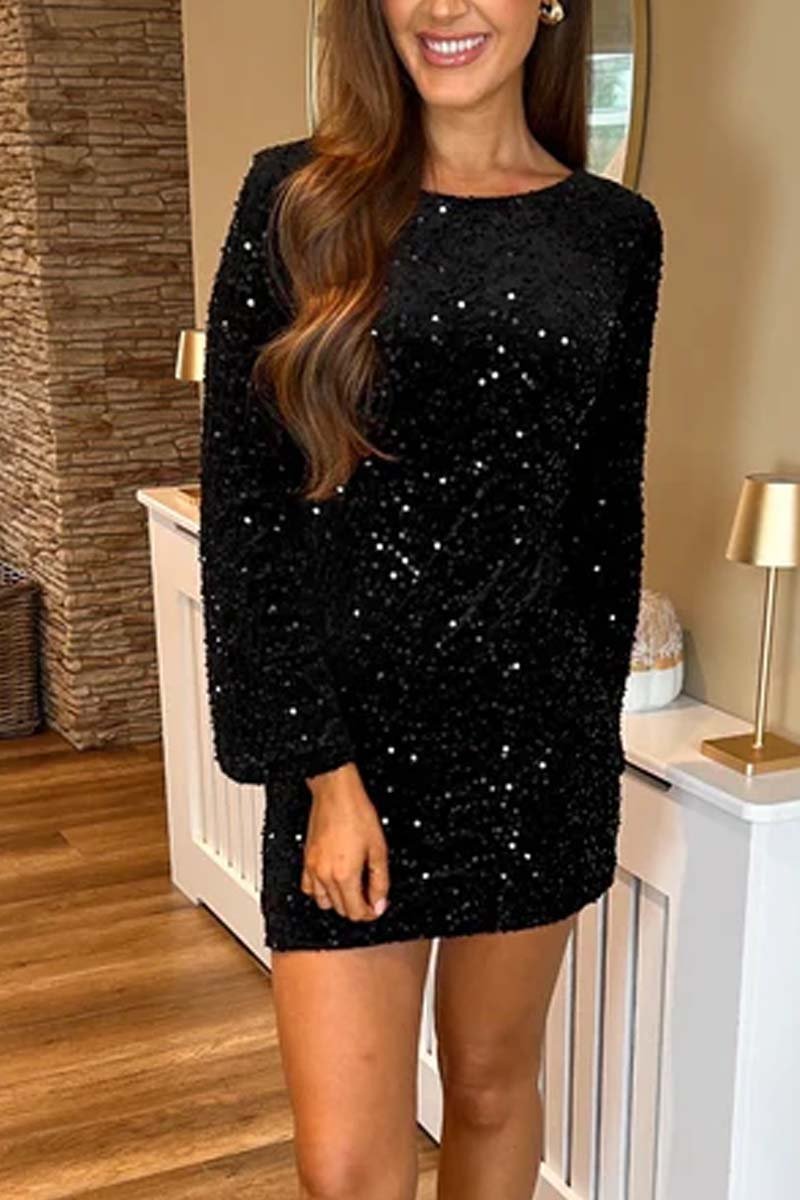 Women's Fashionable Sequin Bell Sleeve Dress Black