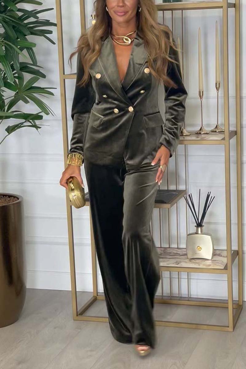 Women's Fashion Double Breasted Velvet Two Piece Suit Army Green