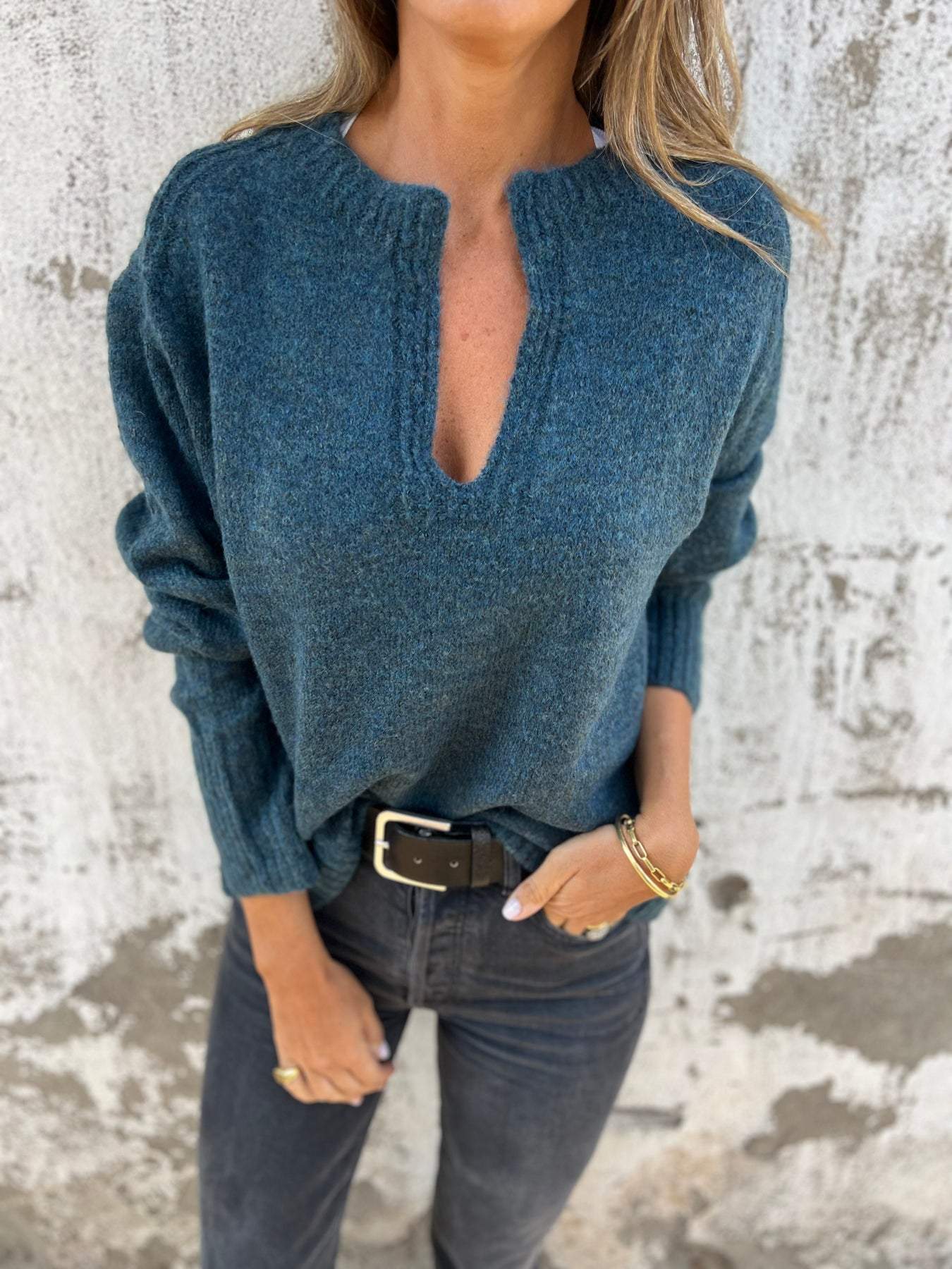 Casual V-neck Long-sleeved Top navy blue