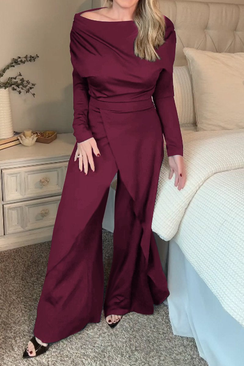 Women's One-shoulder Long-sleeved Split Design Temperament Jumpsuit burgundy