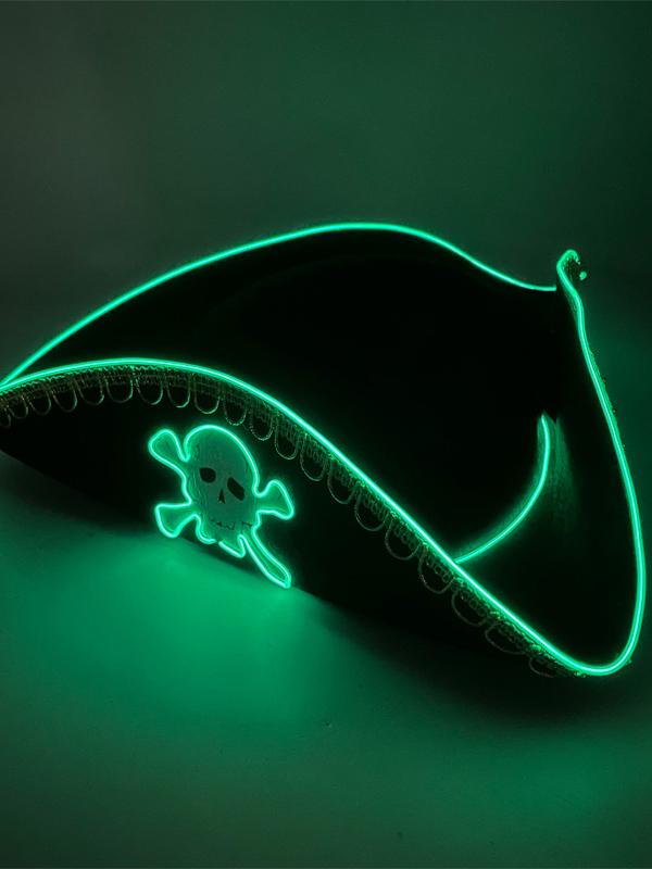 Halloween LED Luminous Caribbean Adult Pirates Hat Flash Cosplay Triangular Hat green 1 piece