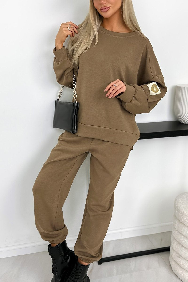 Women's Casual Round Neck Long Sleeve Two Piece Suit khaki