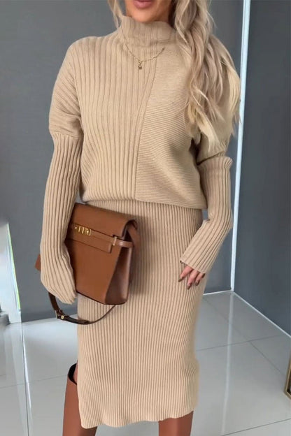 Women's Turtleneck Long Sleeve Sweater Skirt Suit khaki