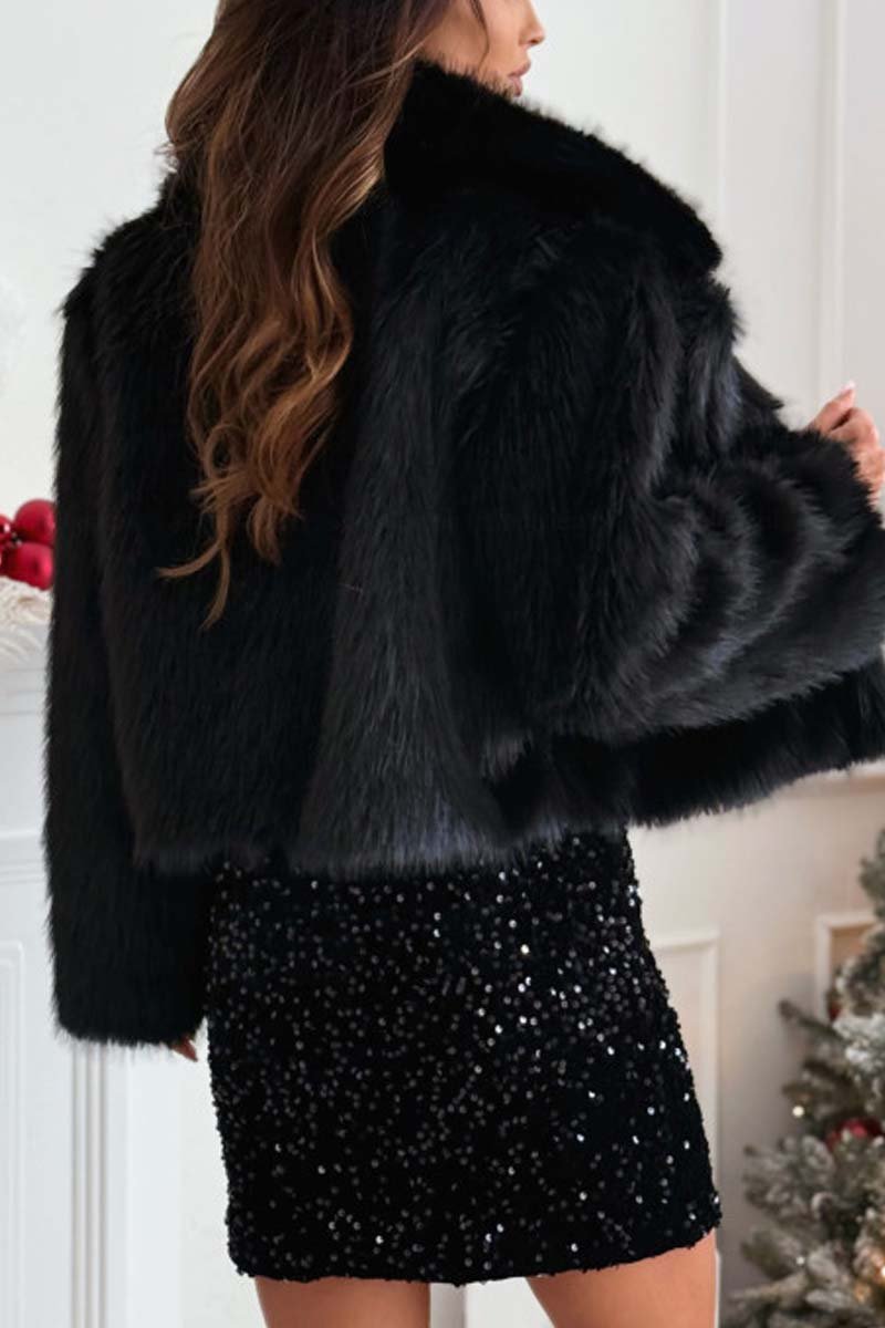 Women's Fashionable Solid Color Lapel Faux Fur Winter Short Coat