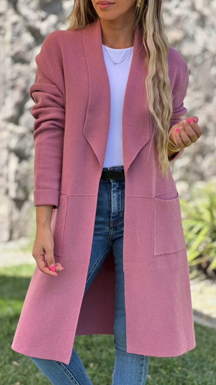 Women's Solid Color Lapel Mid-length Jacket Pink