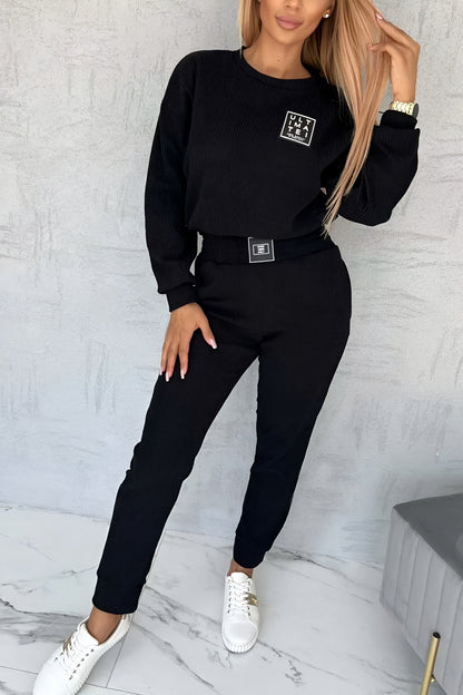 Women's casual solid color pit strip suit Black