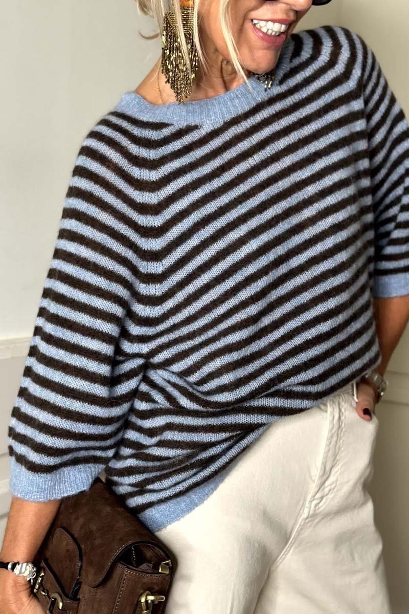 Women's Casual Loose Striped Half Sleeve Sweater