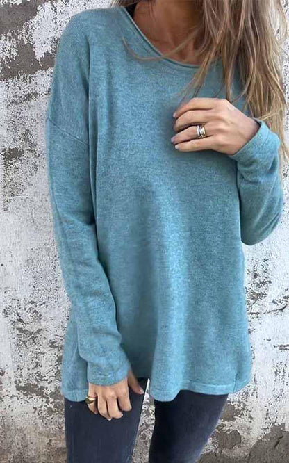 Women's Round Neck Solid Color Long Sleeved Top turquoise