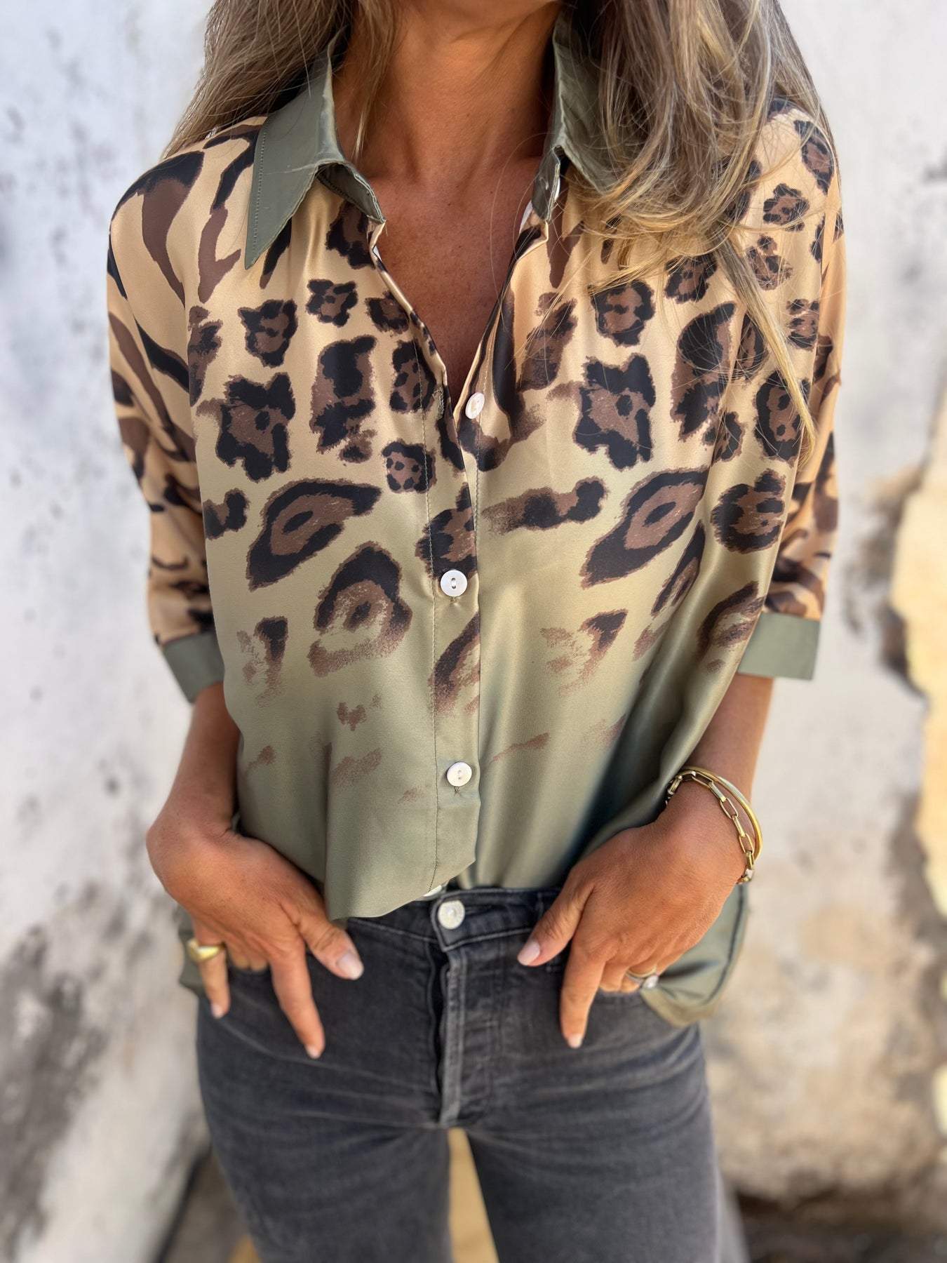 Women's Leopard Print Lapel Mid-sleeve Shirt