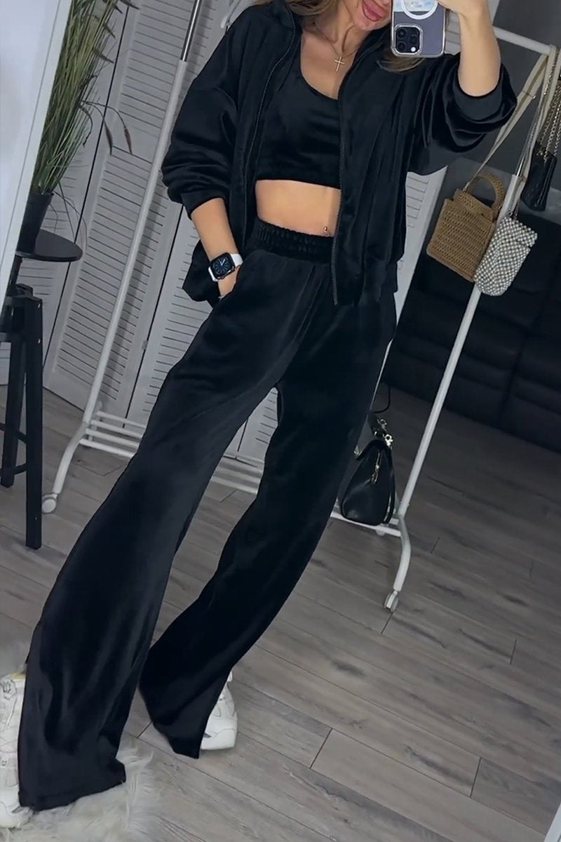 Women's Solid Color Hoodies and Trousers Two-piece Set black