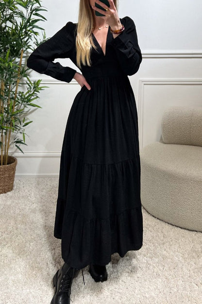 Women's Casual Solid V-Neck Long Sleeve Dress black