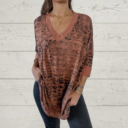 Casual V-neck Printed Top brick red