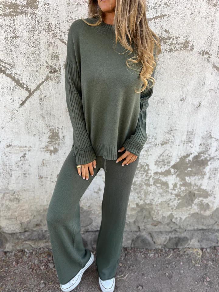 Casual Round Neck Long Sleeve Two Piece Suit dark green